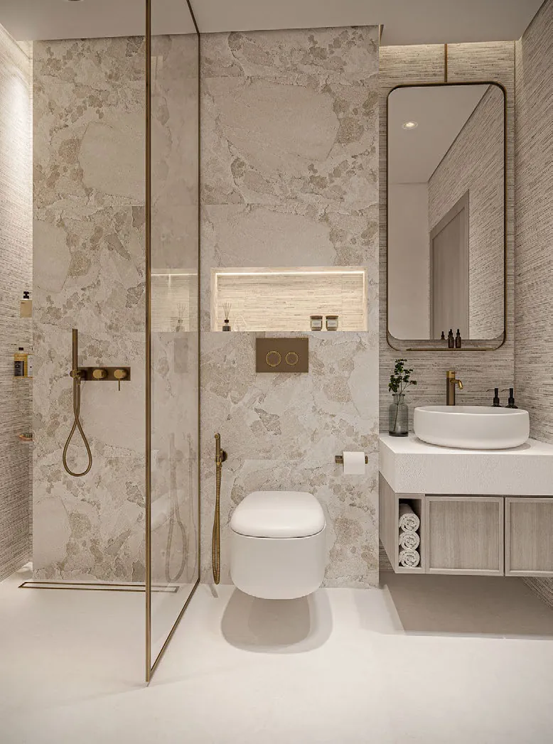 Bathroom with walk-in shower, developer render