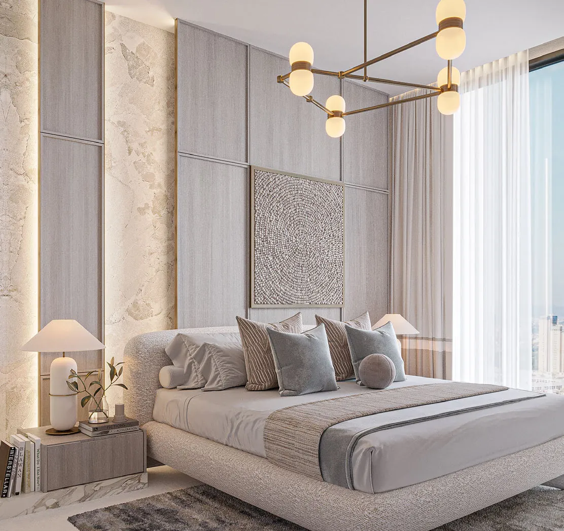 Bedroom with built-in wardrobes, developer render