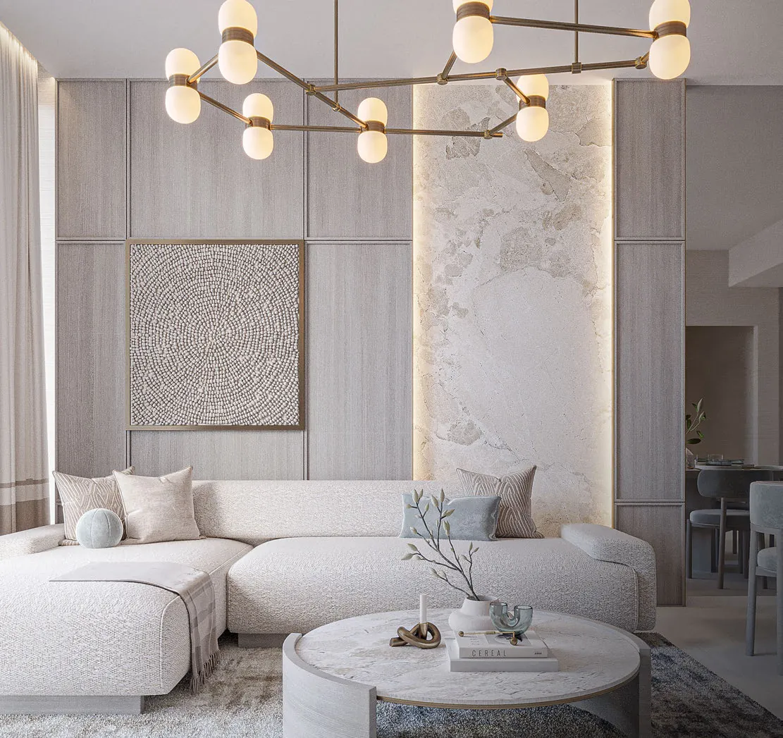 Living room with floor-to-ceiling windows, developer render